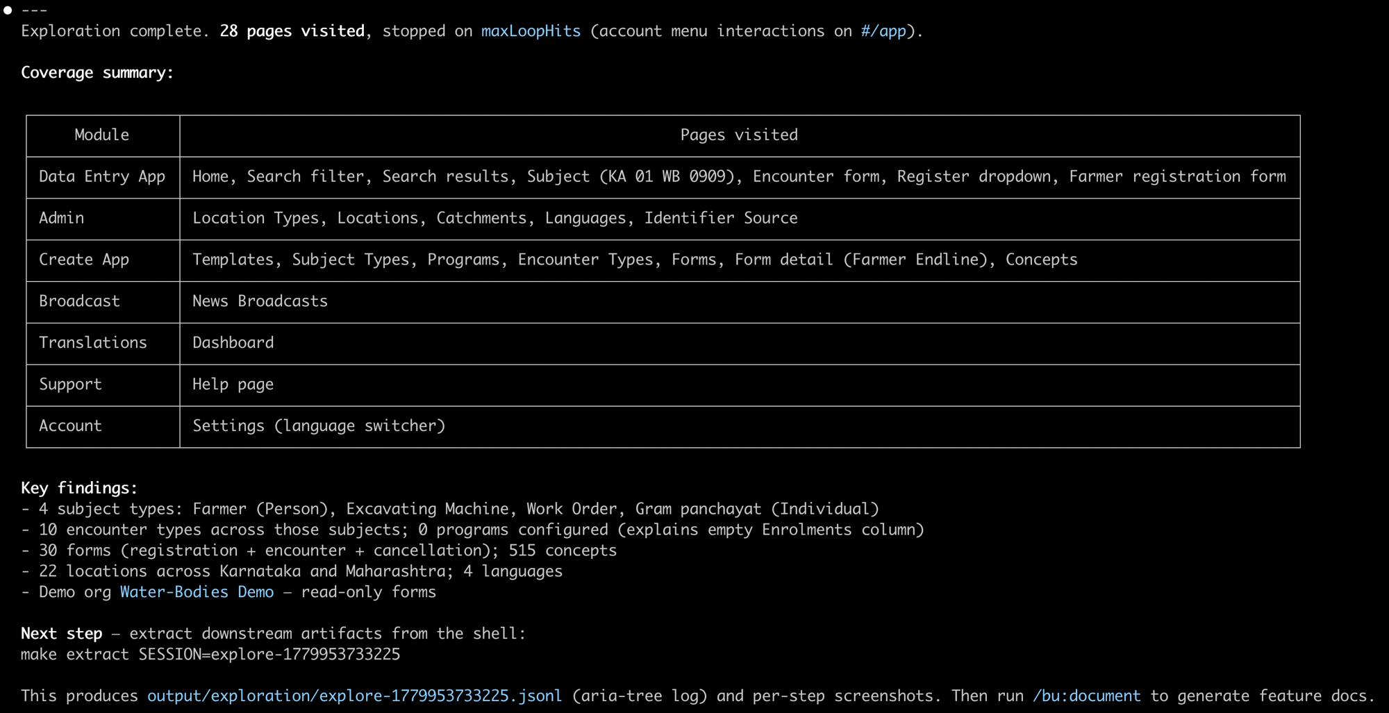 28 pages visited across 7 modules — coverage summary and per-step screenshots captured, no user guidance needed