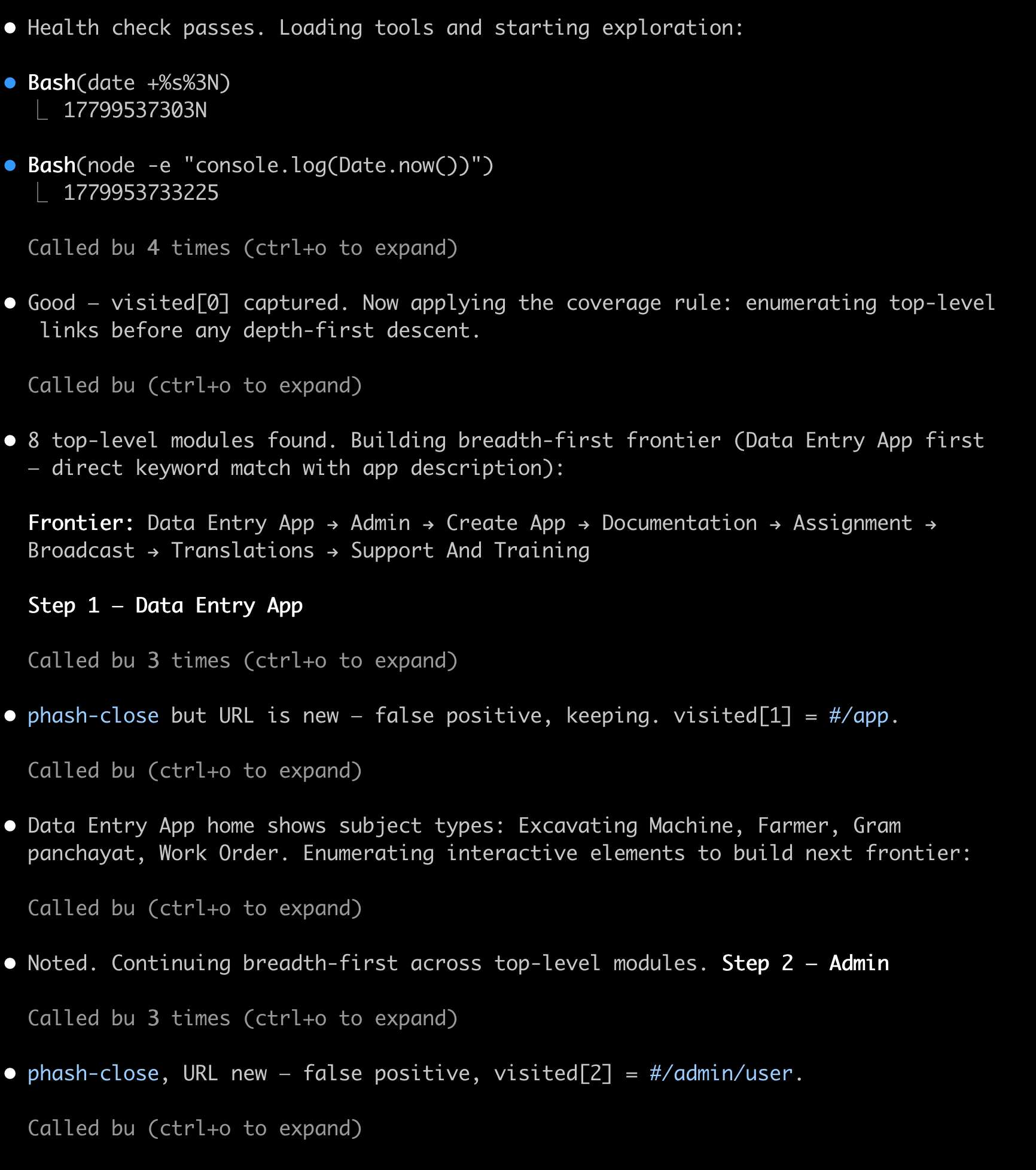 Breadth-first traversal across all top-level modules; visual fingerprinting (phash) prevents revisiting the same page